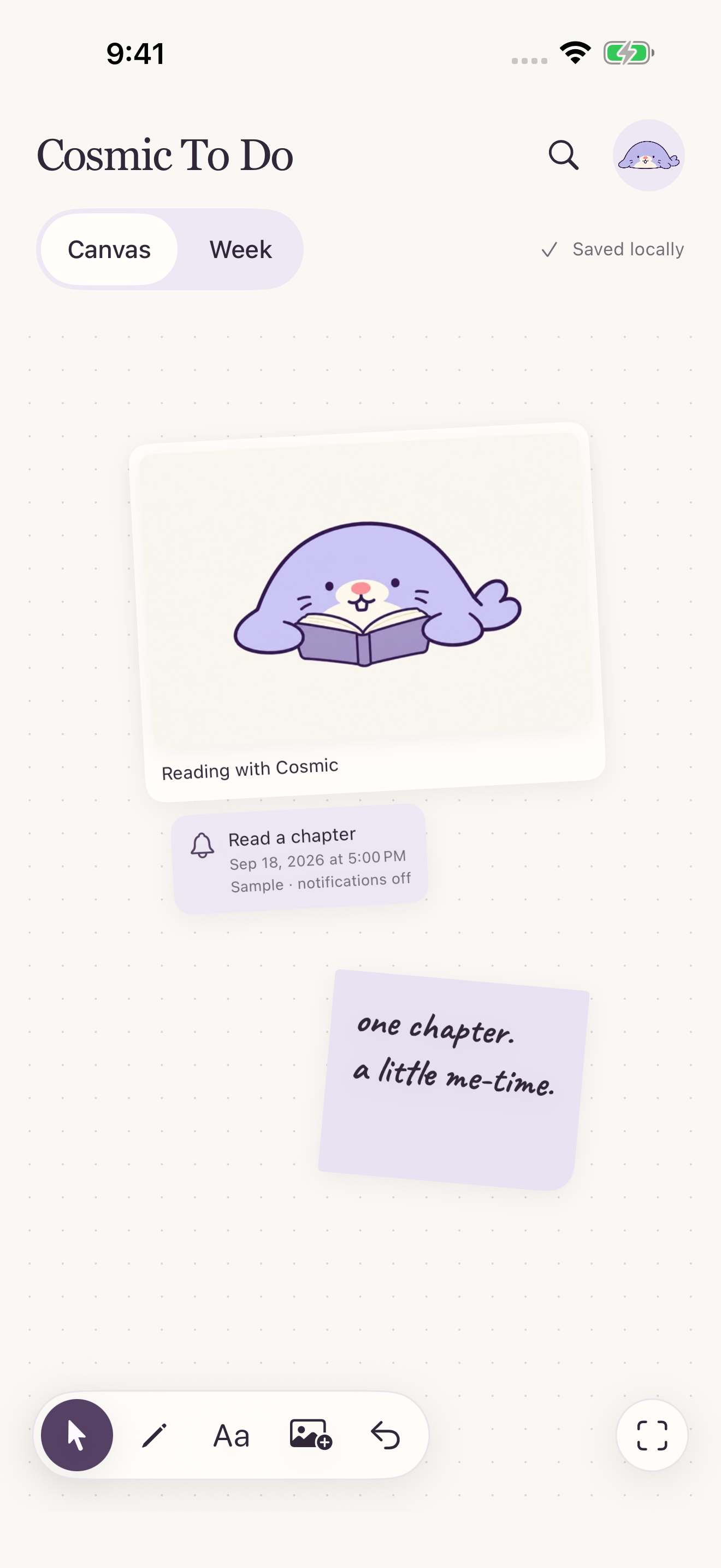 Cosmic To Do canvas with a reading illustration, a handwritten note, and a sample reminder for September 18 at 5 PM. Sample notifications are off.