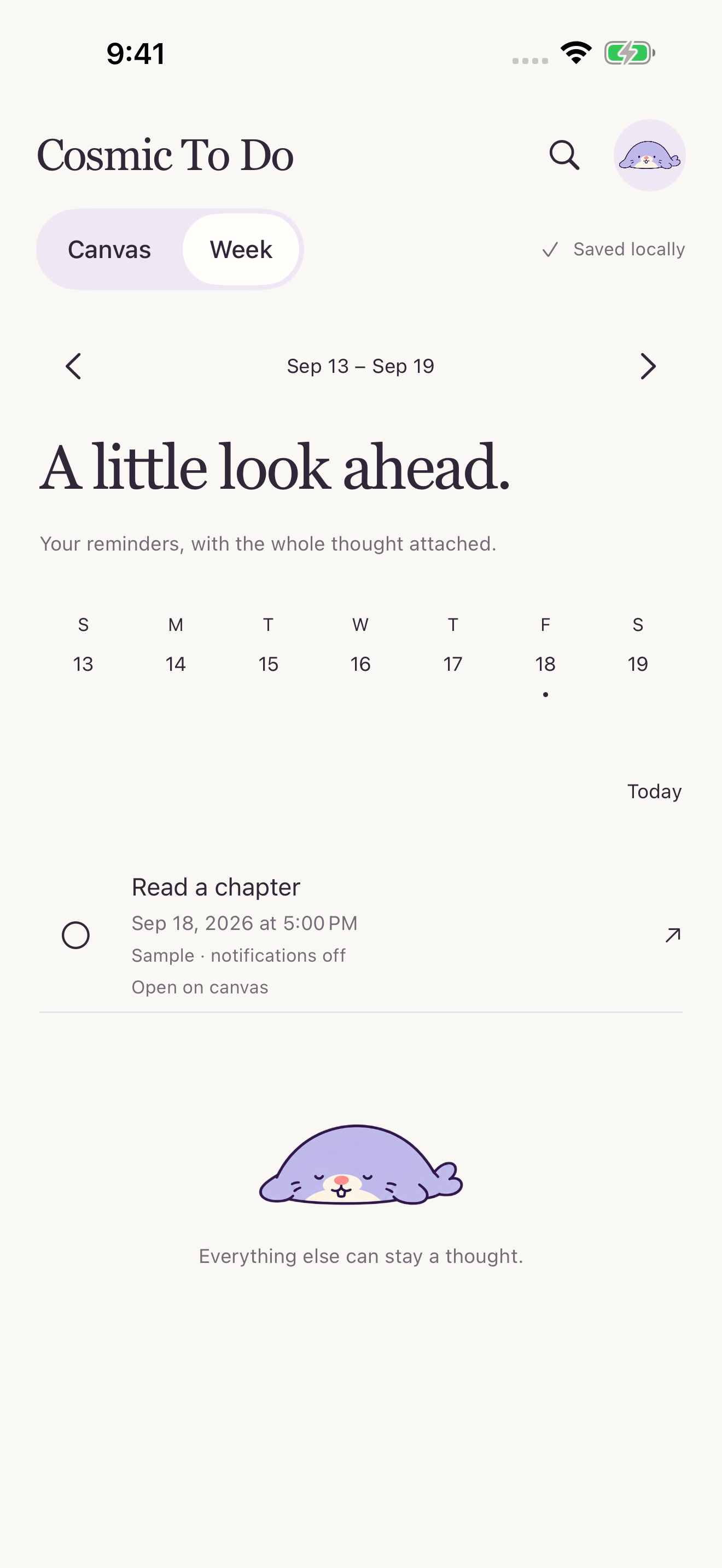 Week view showing Read a chapter on September 18 at 5 PM, with a link back to the canvas and sample notifications off.